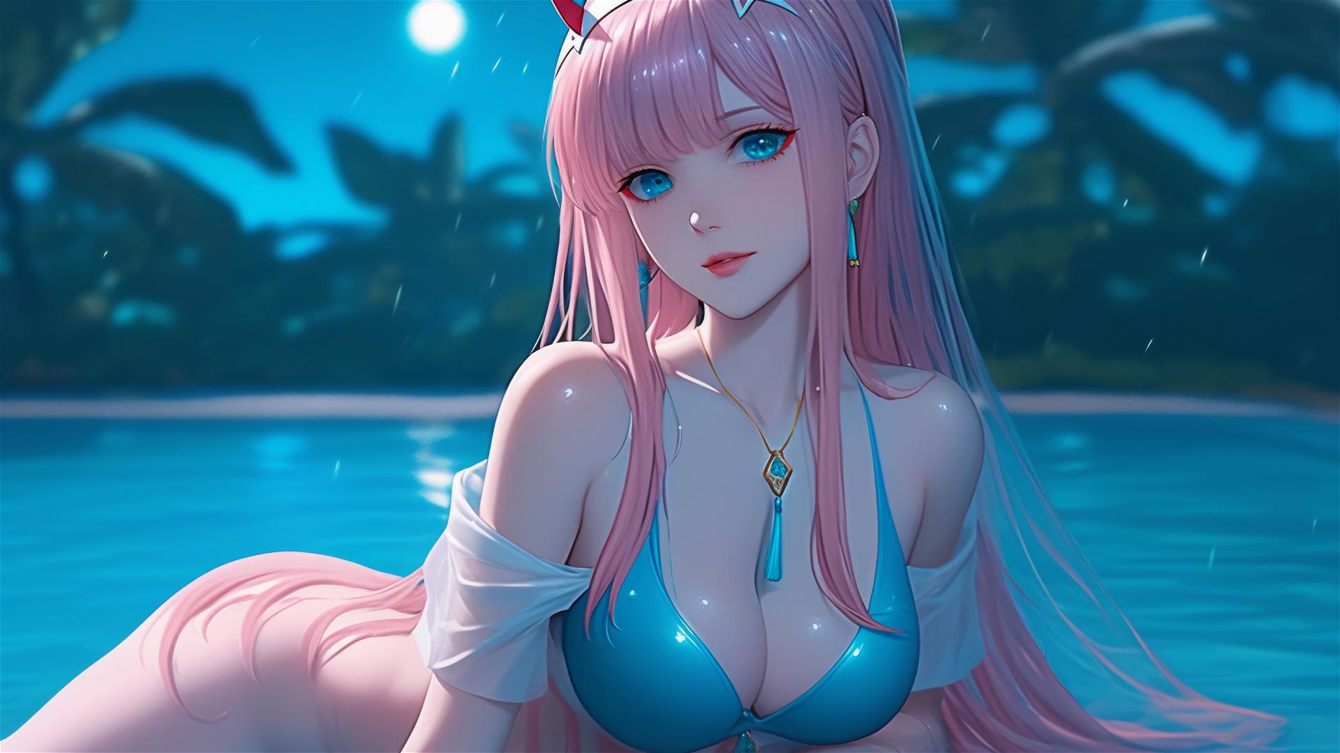Zero Two from DARLING in the FRANXX resting by a rainy swimming pool with moonlight glow