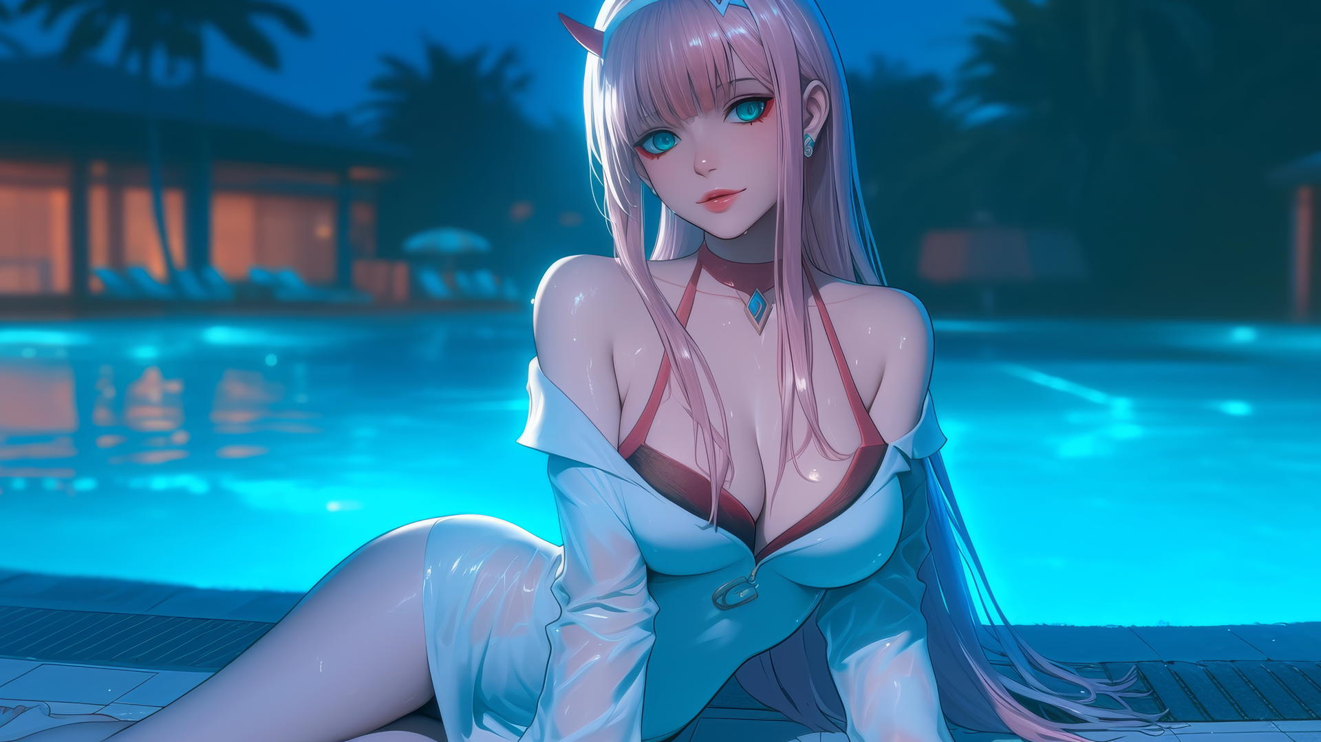 Zero Two from DARLING in the FRANXX resting by a rainy pool under moonlight