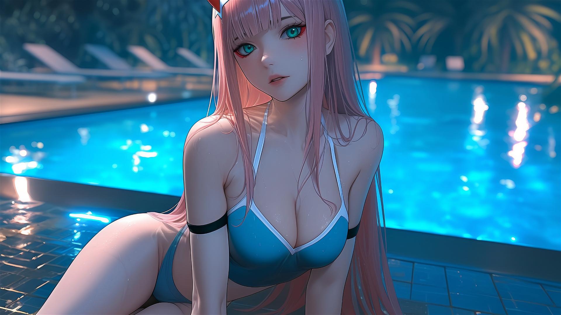 Zero Two from DARLING in the FRANXX resting by a rainy swimming pool under moonlight with long pink hair.