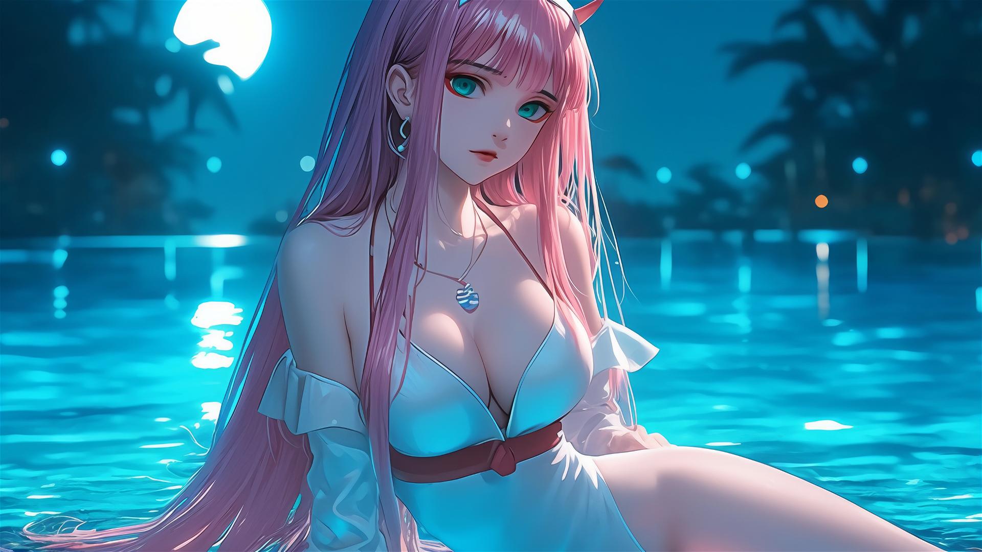 Zero Two from DARLING in the FRANXX relaxing by a rainy pool with moonlight.
