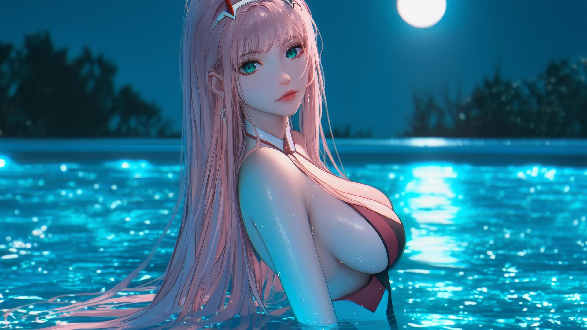 Zero Two from DARLING in the FRANXX lounging by a rainy pool under moonlight