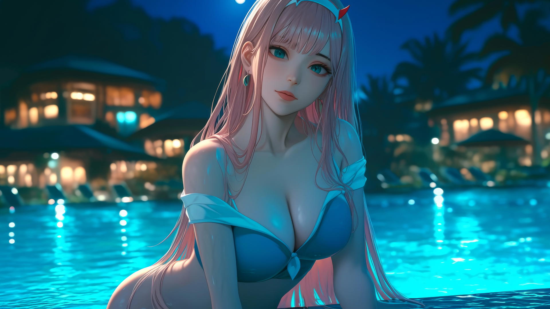 Zero Two from DARLING in the FRANXX resting by a rainy swimming pool under moonlight, with long pink hair.
