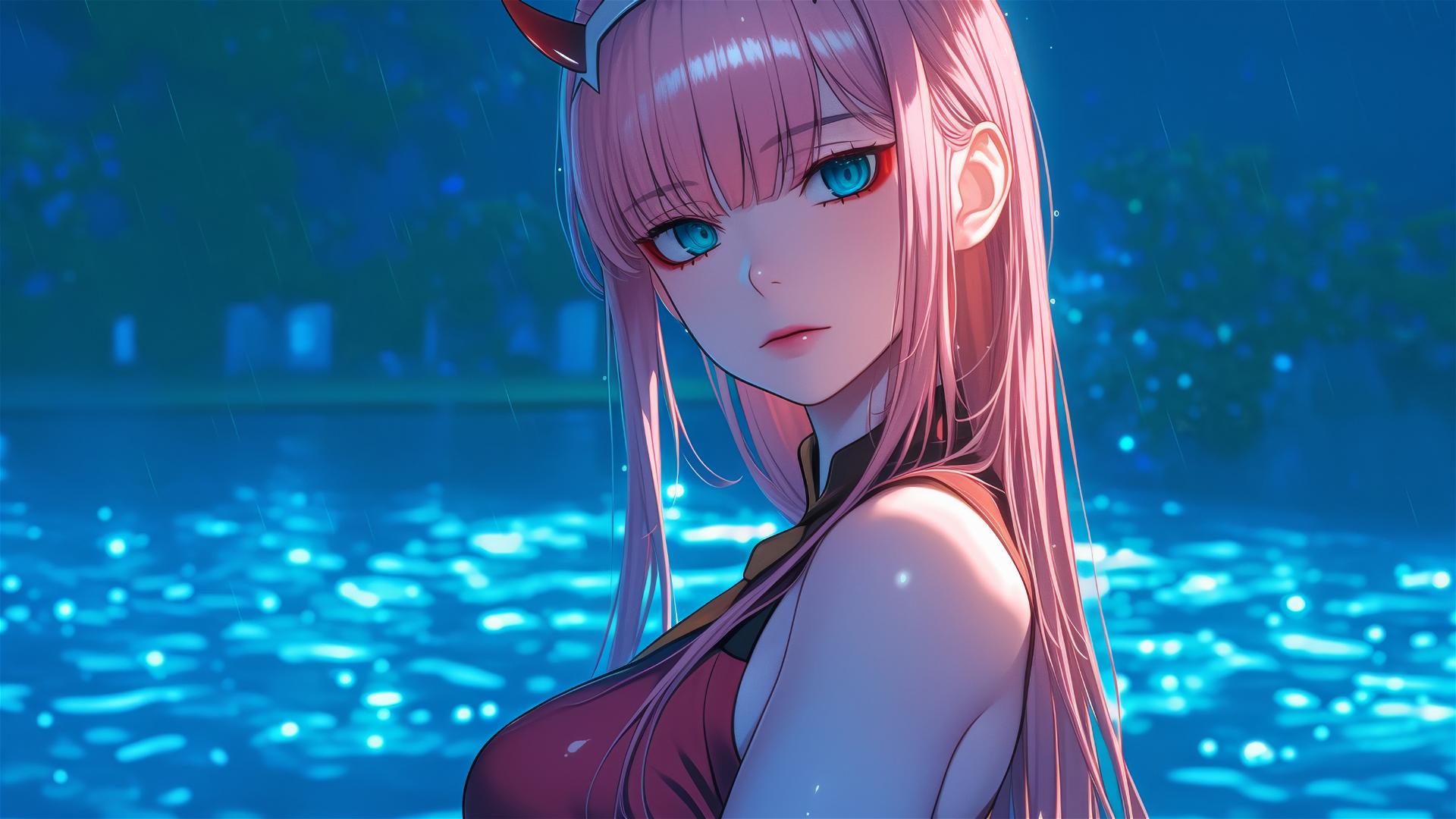 Zero Two from DARLING in the FRANXX resting by a rainy pool under moonlight.