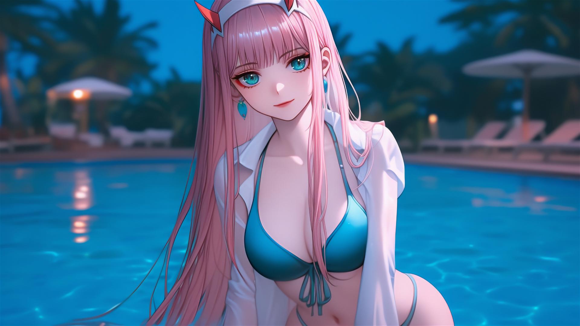 Zero Two from DARLING in the FRANXX resting by a rainy swimming pool under moonlight