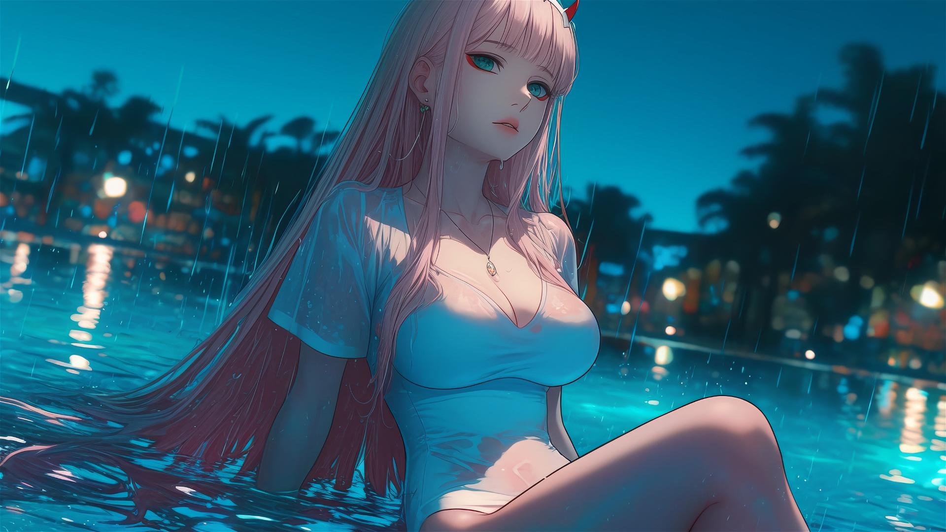 Zero Two from DARLING in the FRANXX resting by a rainy pool under moonlight