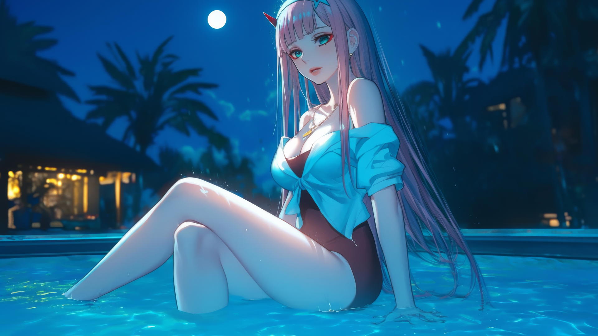 Zero Two from DARLING in the FRANXX resting by a rainy pool with moonlight
