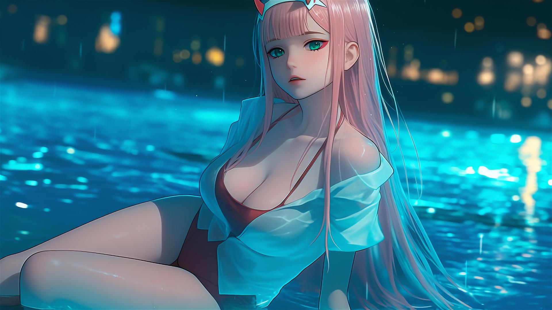 Zero Two from DARLING in the FRANXX rests by a rainy pool under moonlight, with long pink hair.