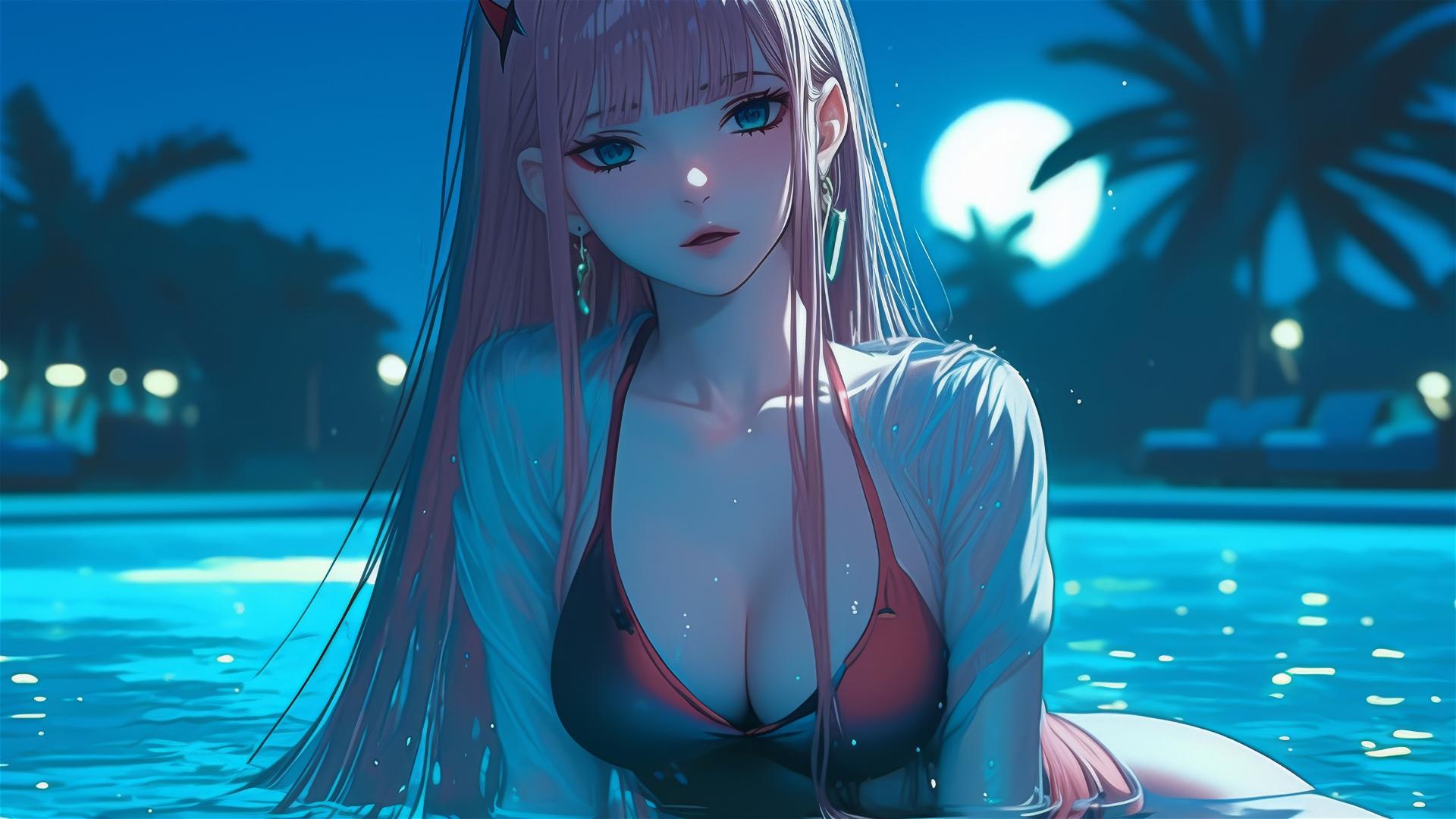 Zero Two from DARLING in the FRANXX resting by a rainy swimming pool with moonlight.