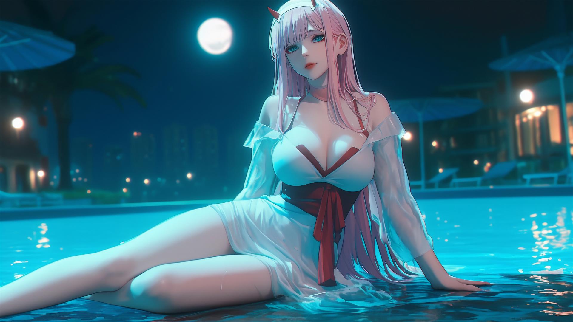 Zero Two from DARLING in the FRANXX resting by a rainy swimming pool under moonlight