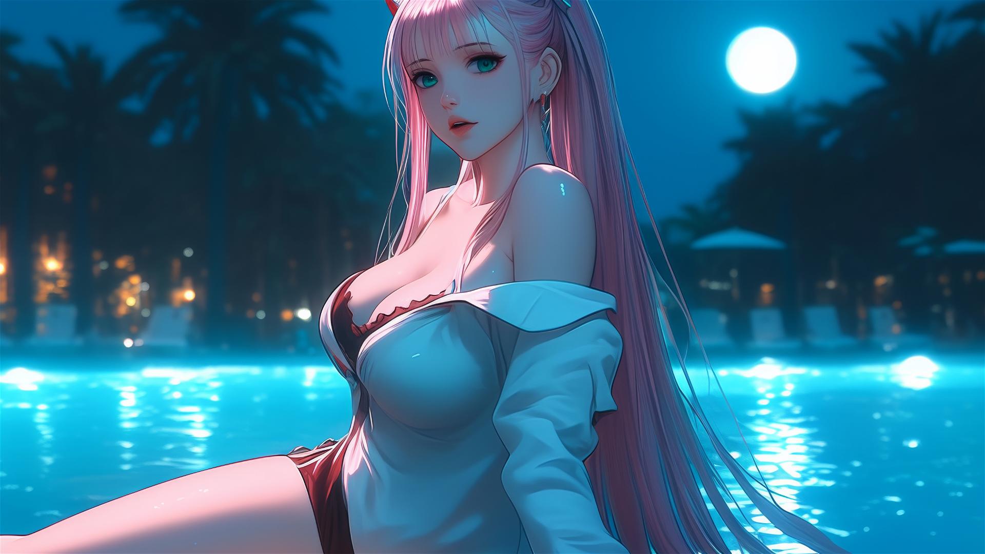 Zero Two from DARLING in the FRANXX, relaxing by a rainy swimming pool under moonlight, long pink hair.