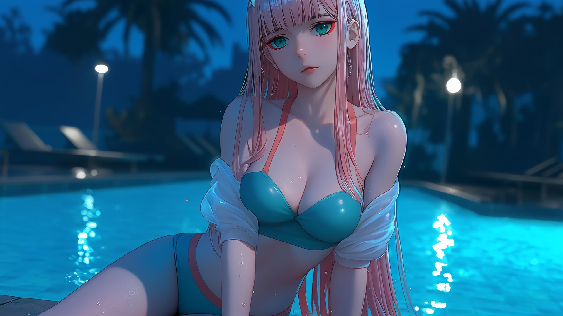 Zero Two from DARLING in the FRANXX resting by a rainy swimming pool with moonlight glow.