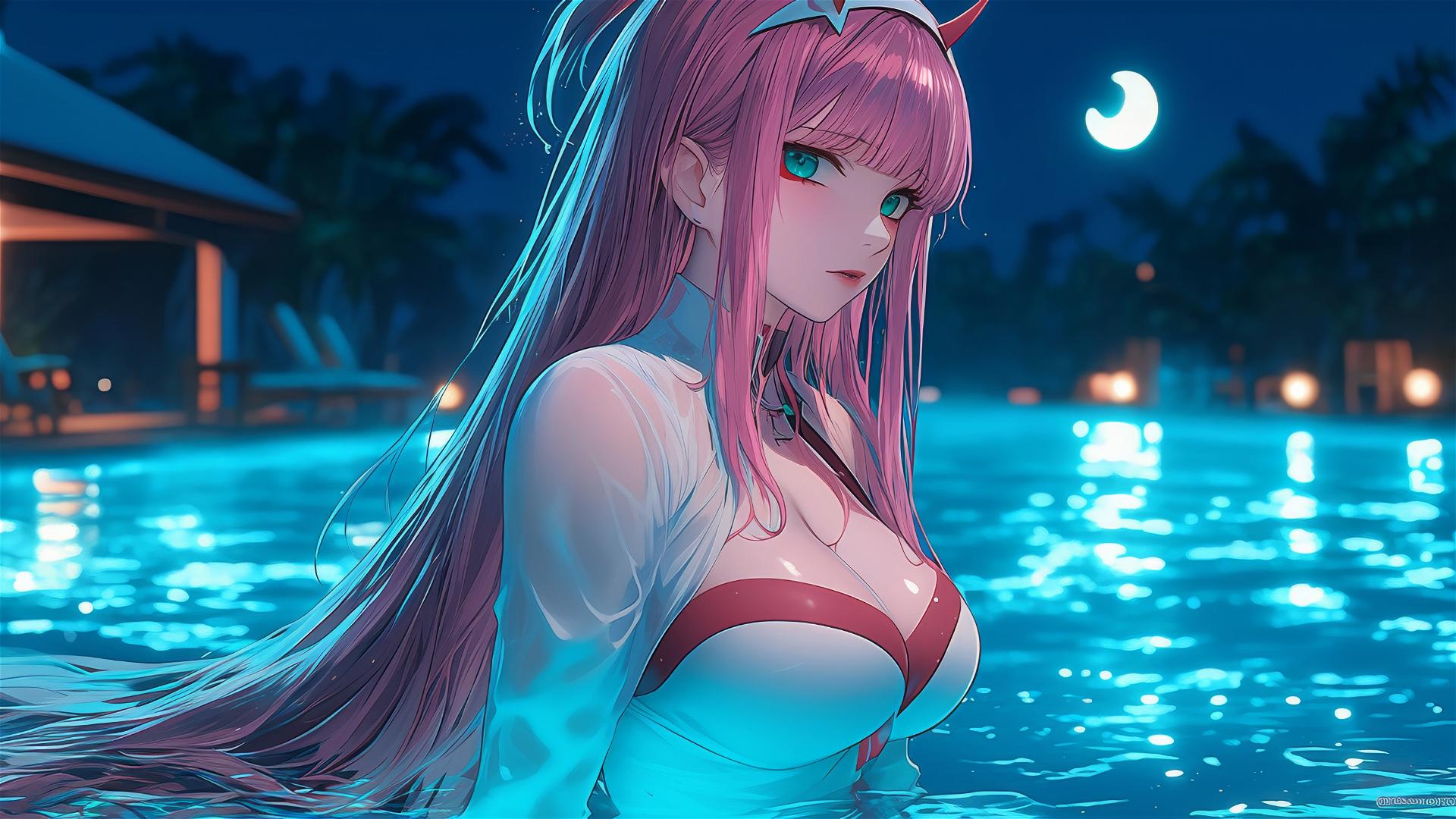 Zero Two from DARLING in the FRANXX resting by a rainy pool in moonlight