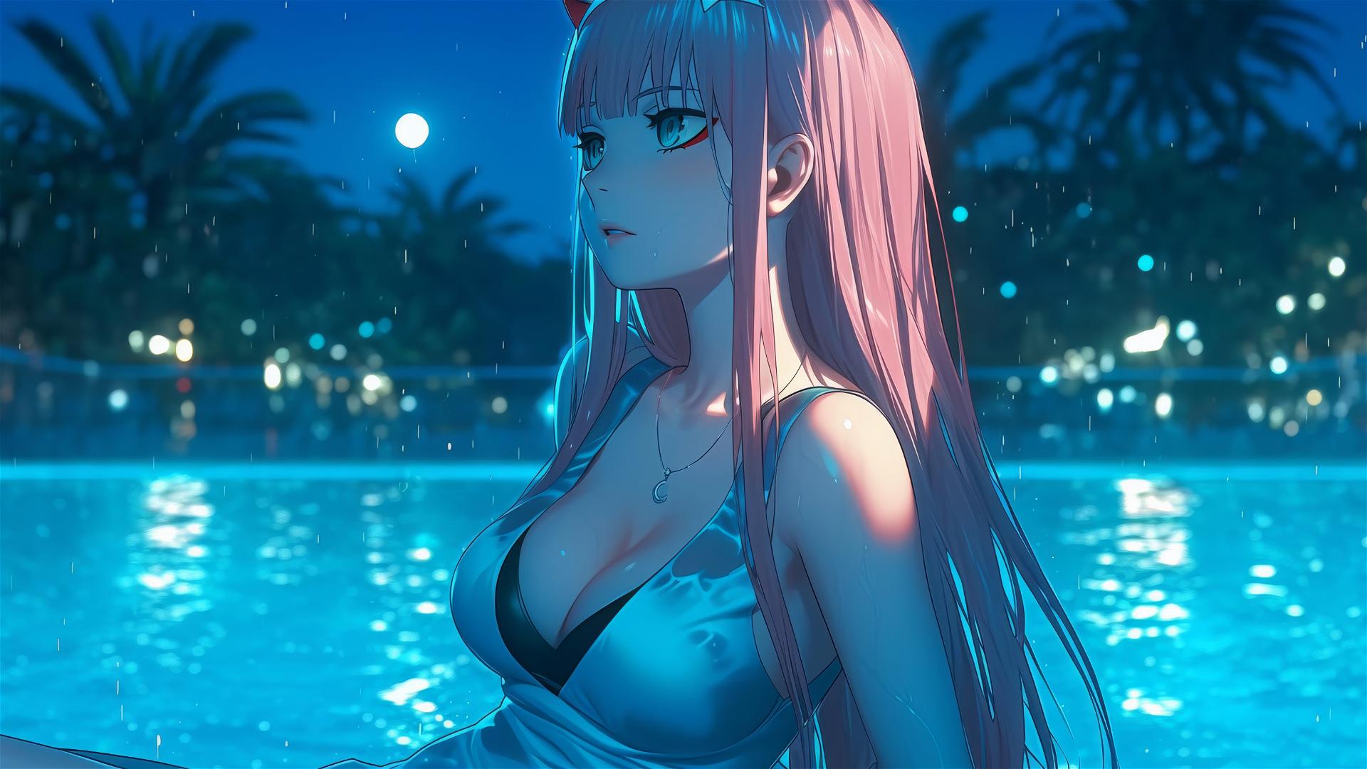 Zero Two from DARLING in the FRANXX relaxing by a rainy pool with moonlight.