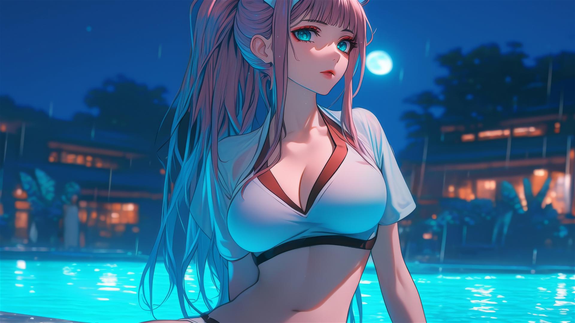 Zero Two from DARLING in the FRANXX, by a rainy swimming pool, moonlit, long pink hair.