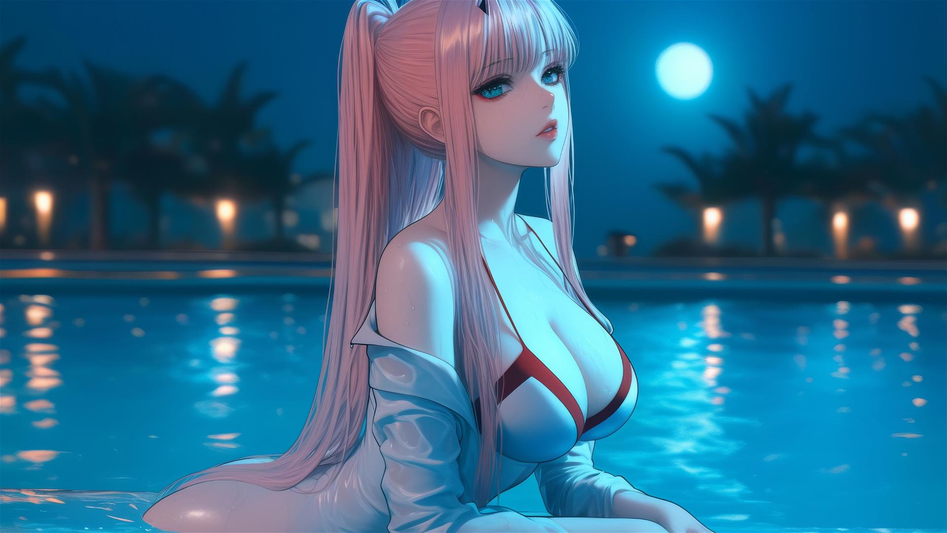 Zero Two from DARLING in the FRANXX resting by a rainy swimming pool, moonlit