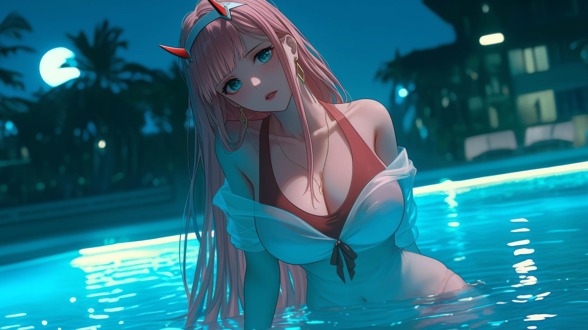 Zero Two from DARLING in the FRANXX resting by a rainy pool under moonlight