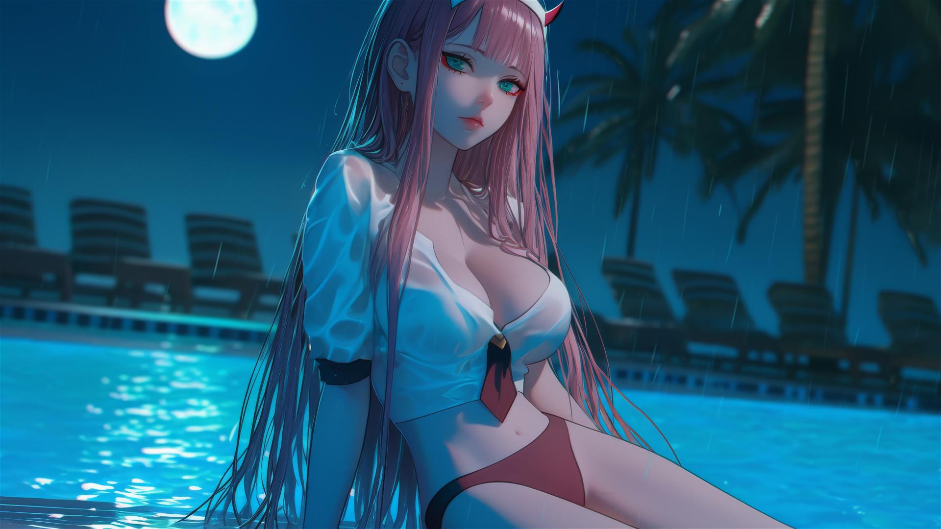 Zero Two from DARLING in the FRANXX resting by a rainy pool with moonlight glow and long pink hair.
