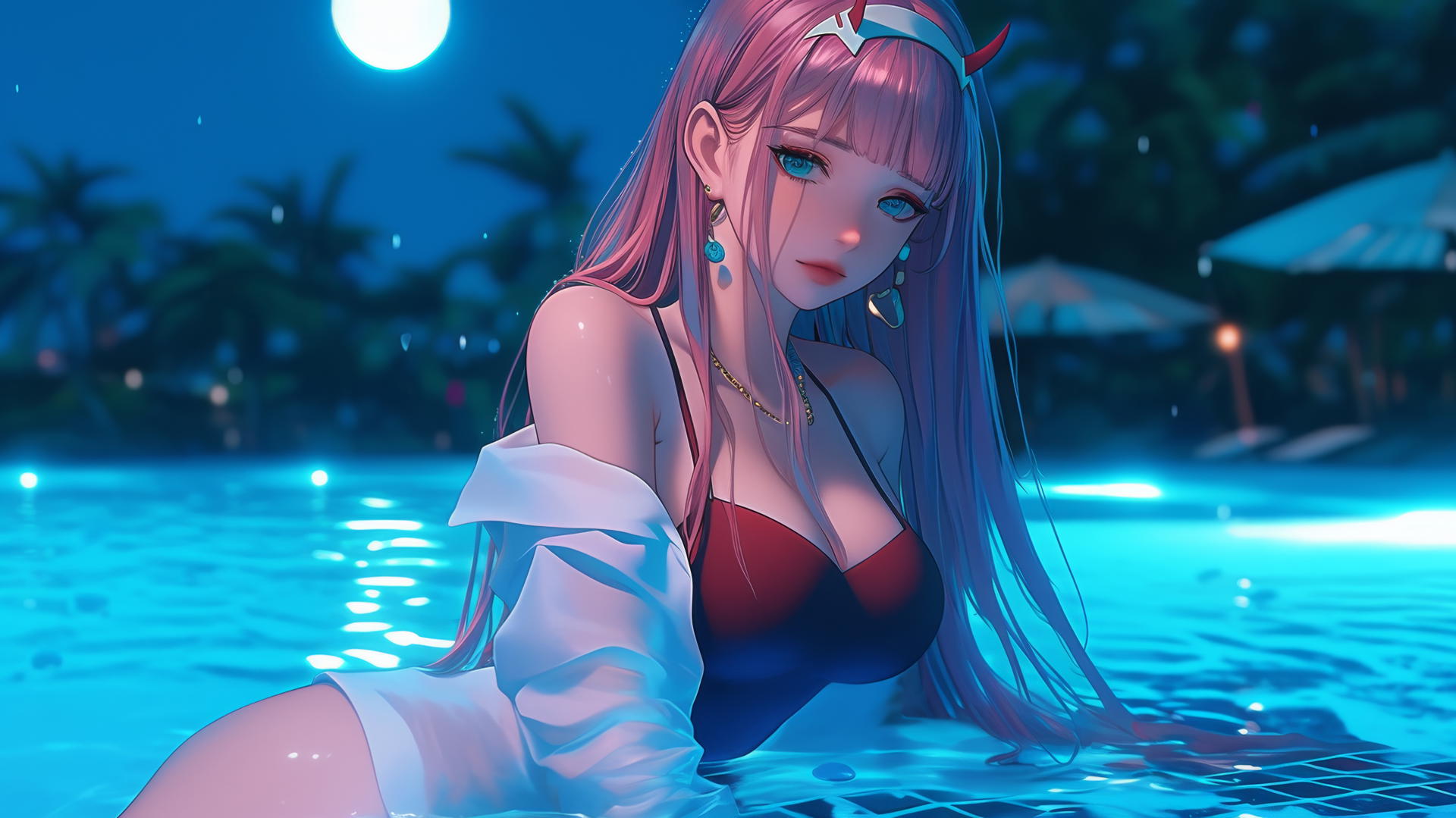 Zero Two from DARLING in the FRANXX resting by a rainy swimming pool under moonlight.