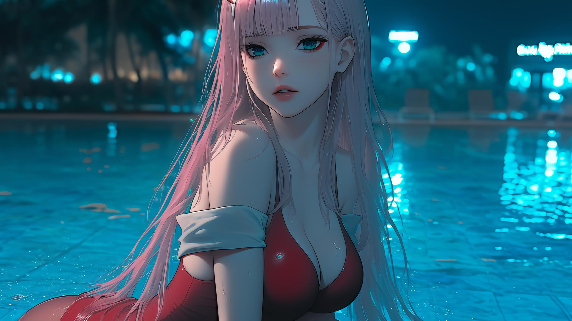 Zero Two from DARLING in the FRANXX resting by a rainy swimming pool, moonlight glow