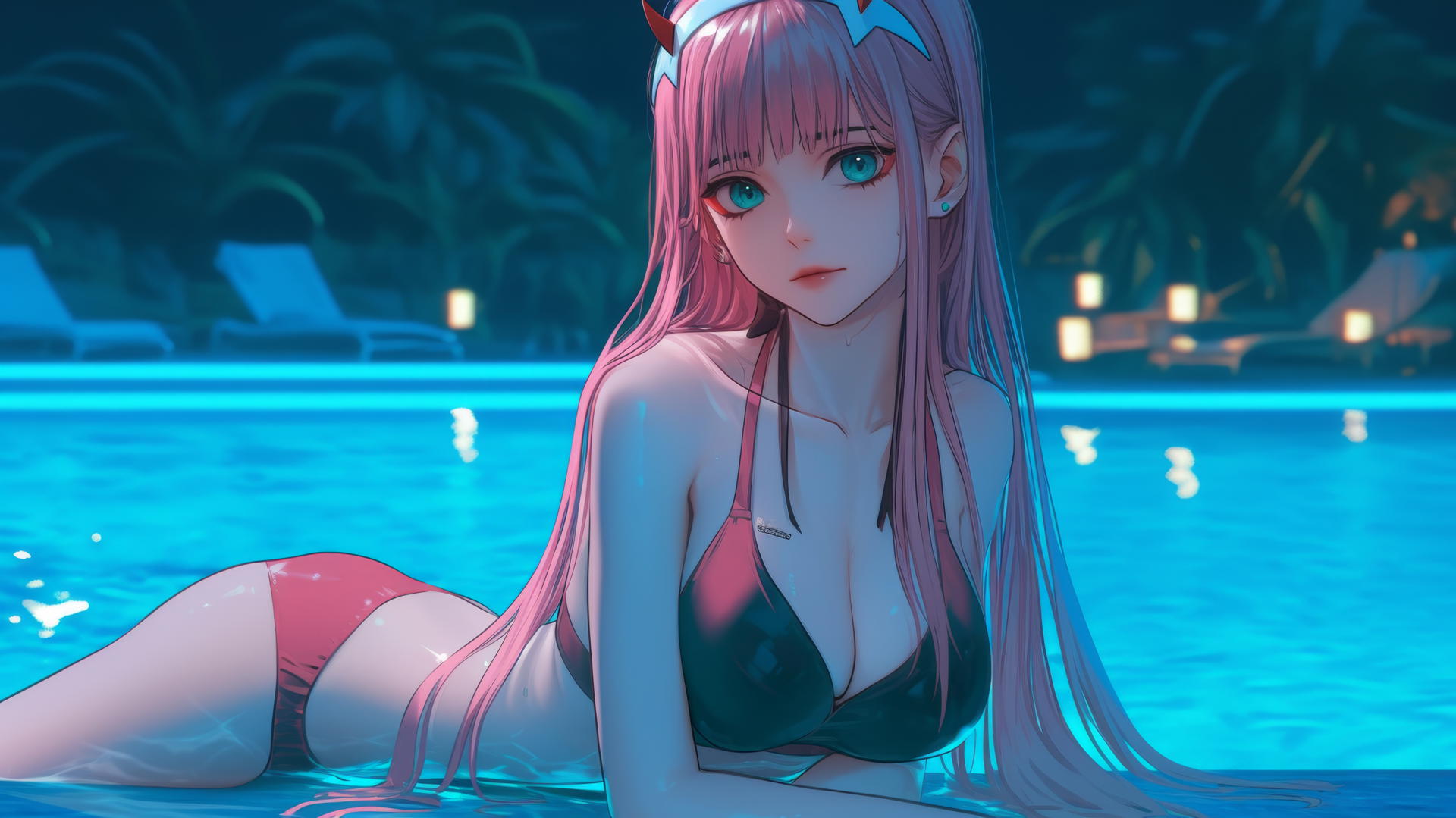 Zero Two from DARLING in the FRANXX resting by a rainy swimming pool, moonlight glow.