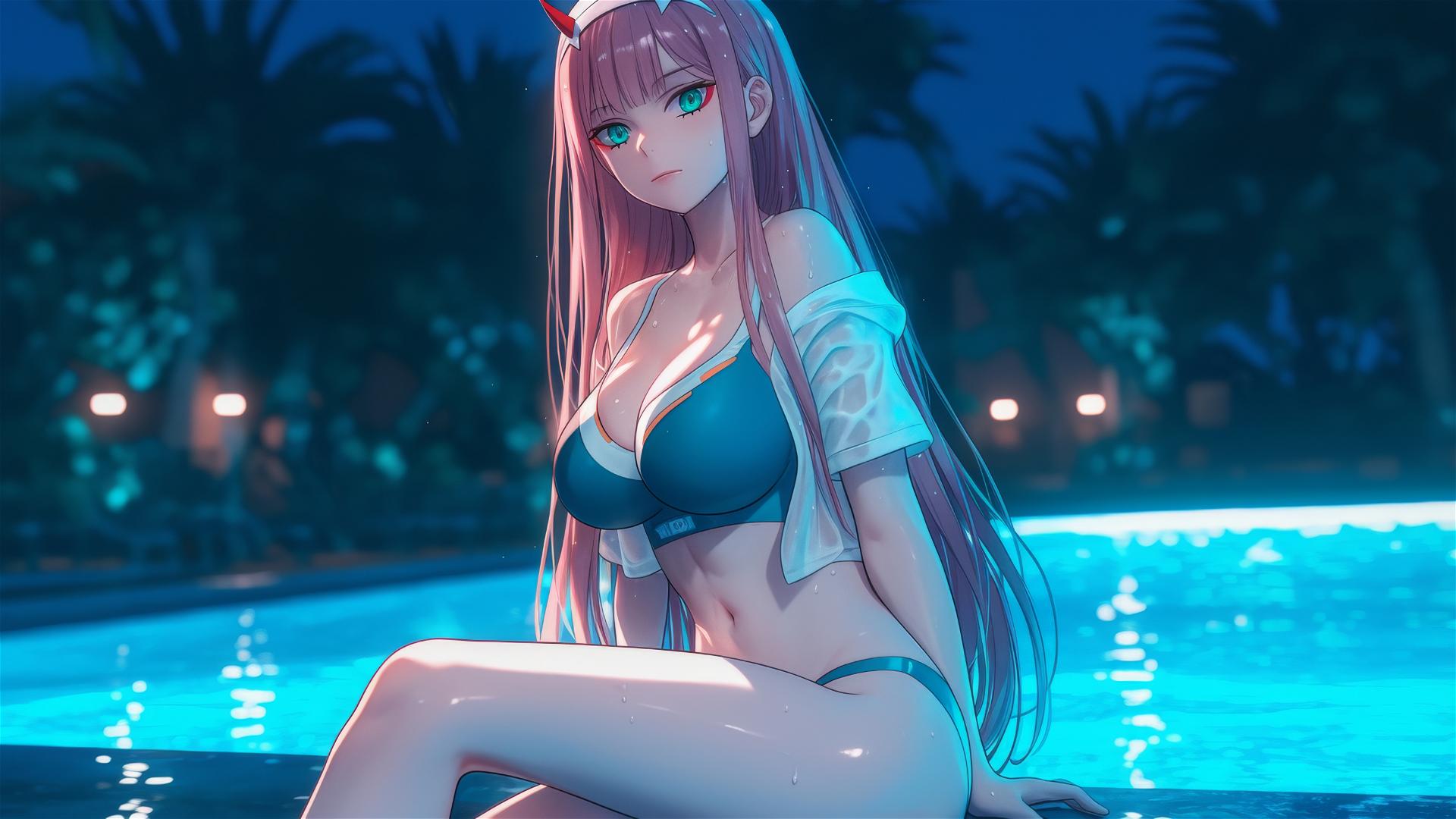 Zero Two from DARLING in the FRANXX resting by a rainy swimming pool under moonlight