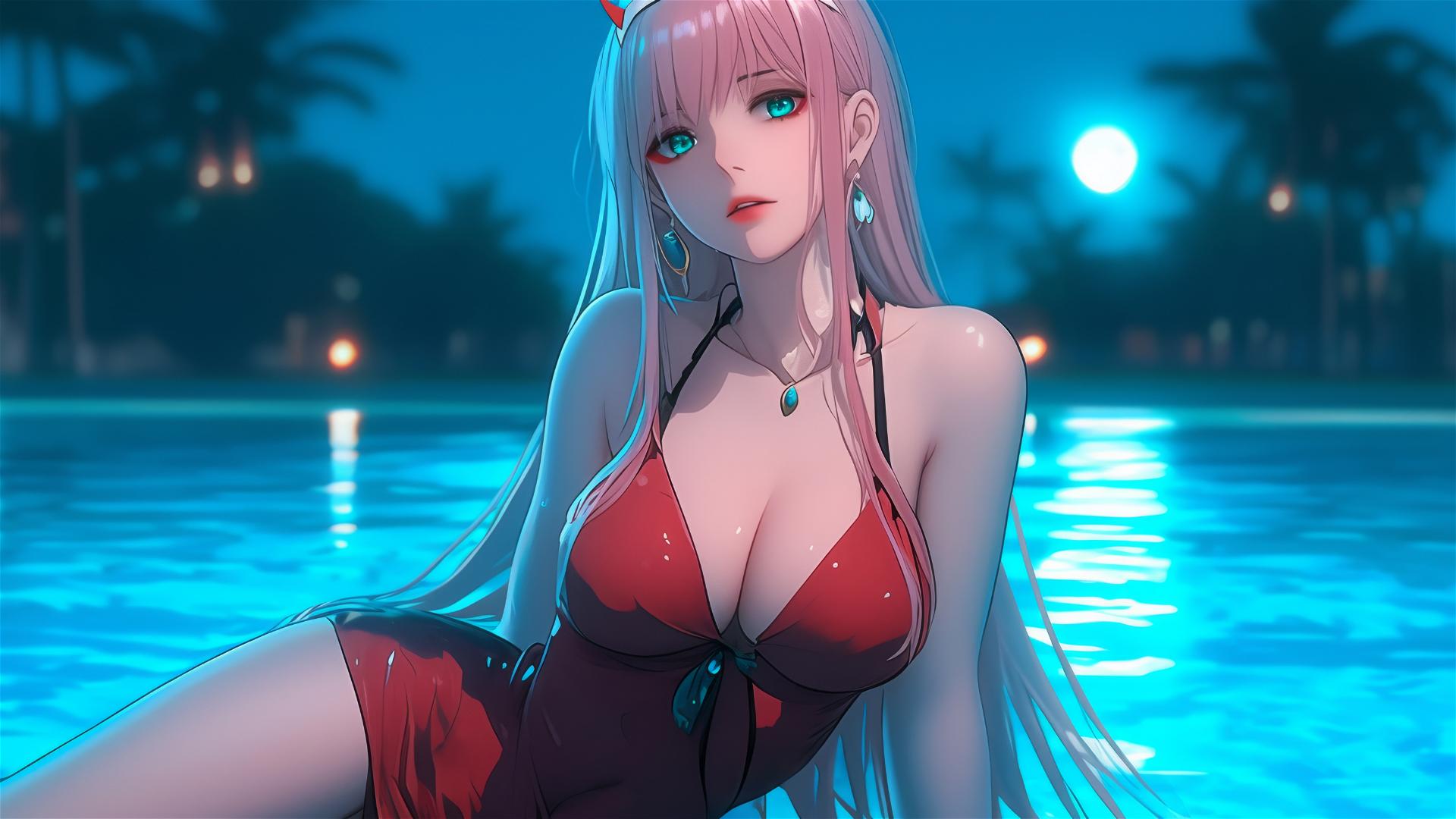 Zero Two resting by a rainy pool under moonlight, with long pink hair.