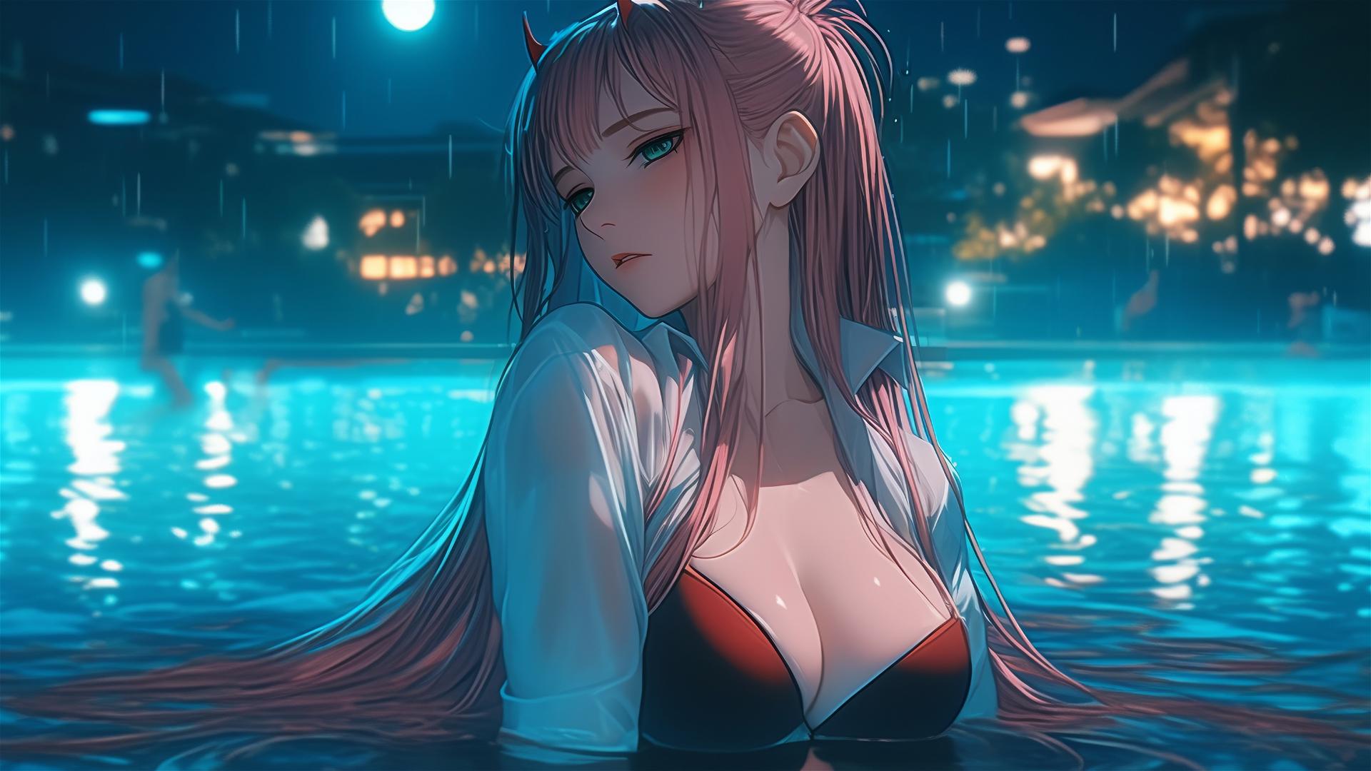 Zero Two from DARLING in the FRANXX resting by a rainy swimming pool with moonlight
