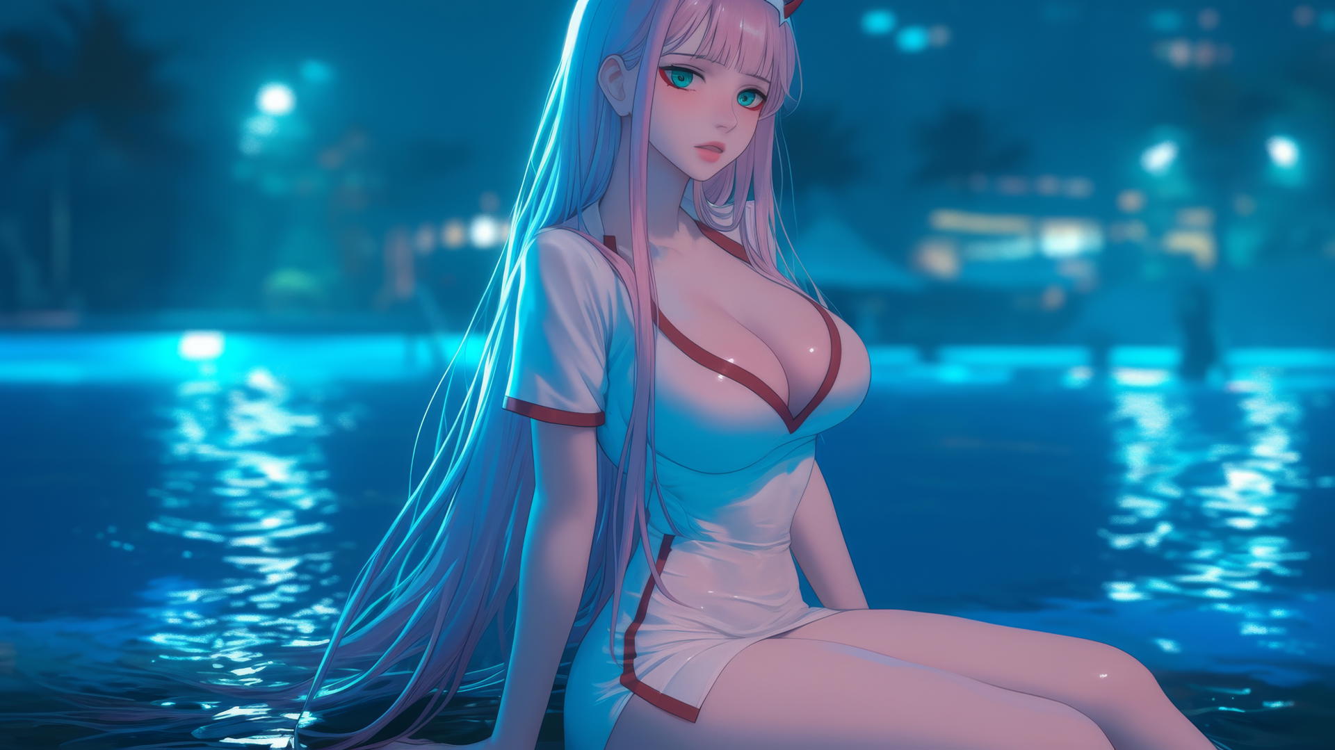 Zero Two from DARLING in the FRANXX resting by a rainy pool with moonlight