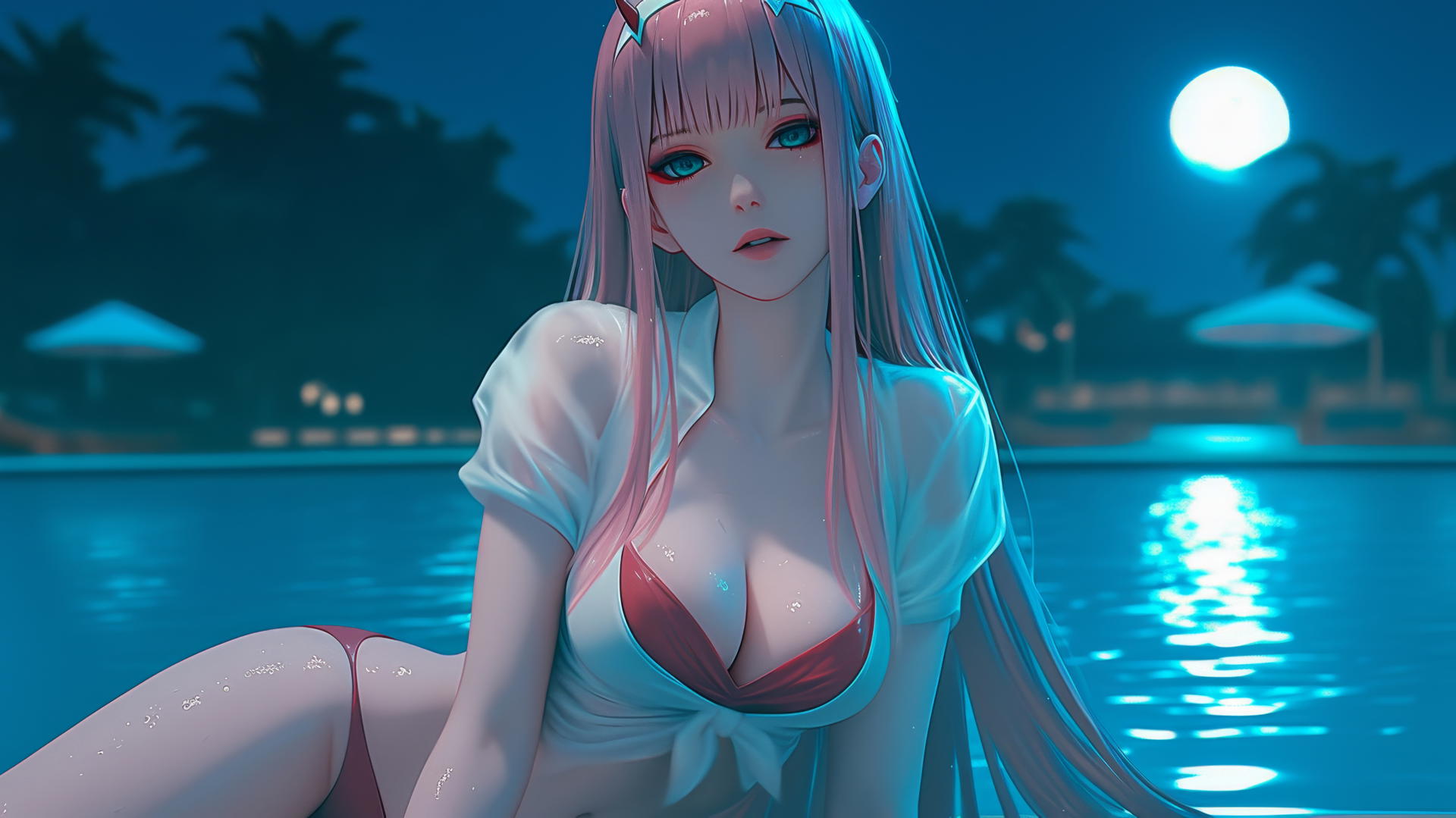 Zero Two from DARLING in the FRANXX, resting by a rainy swimming pool at night with moonlight.
