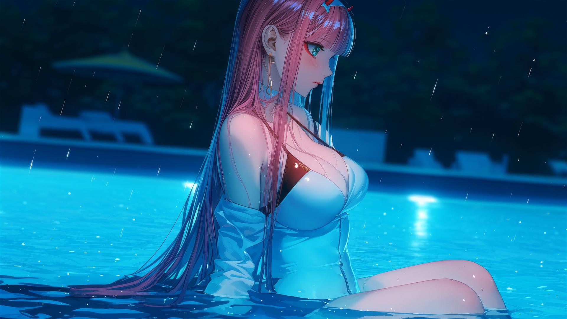 Zero Two from DARLING in the FRANXX resting by a rainy pool under moonlight