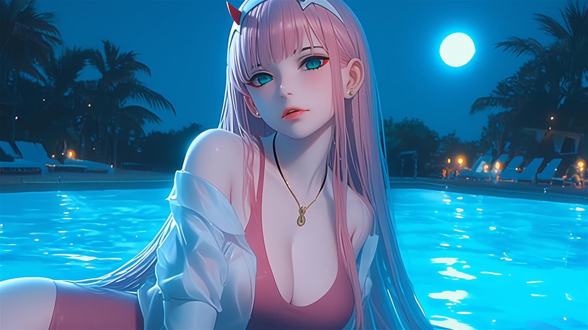 Zero Two from DARLING in the FRANXX resting by a rainy pool with moonlight glow