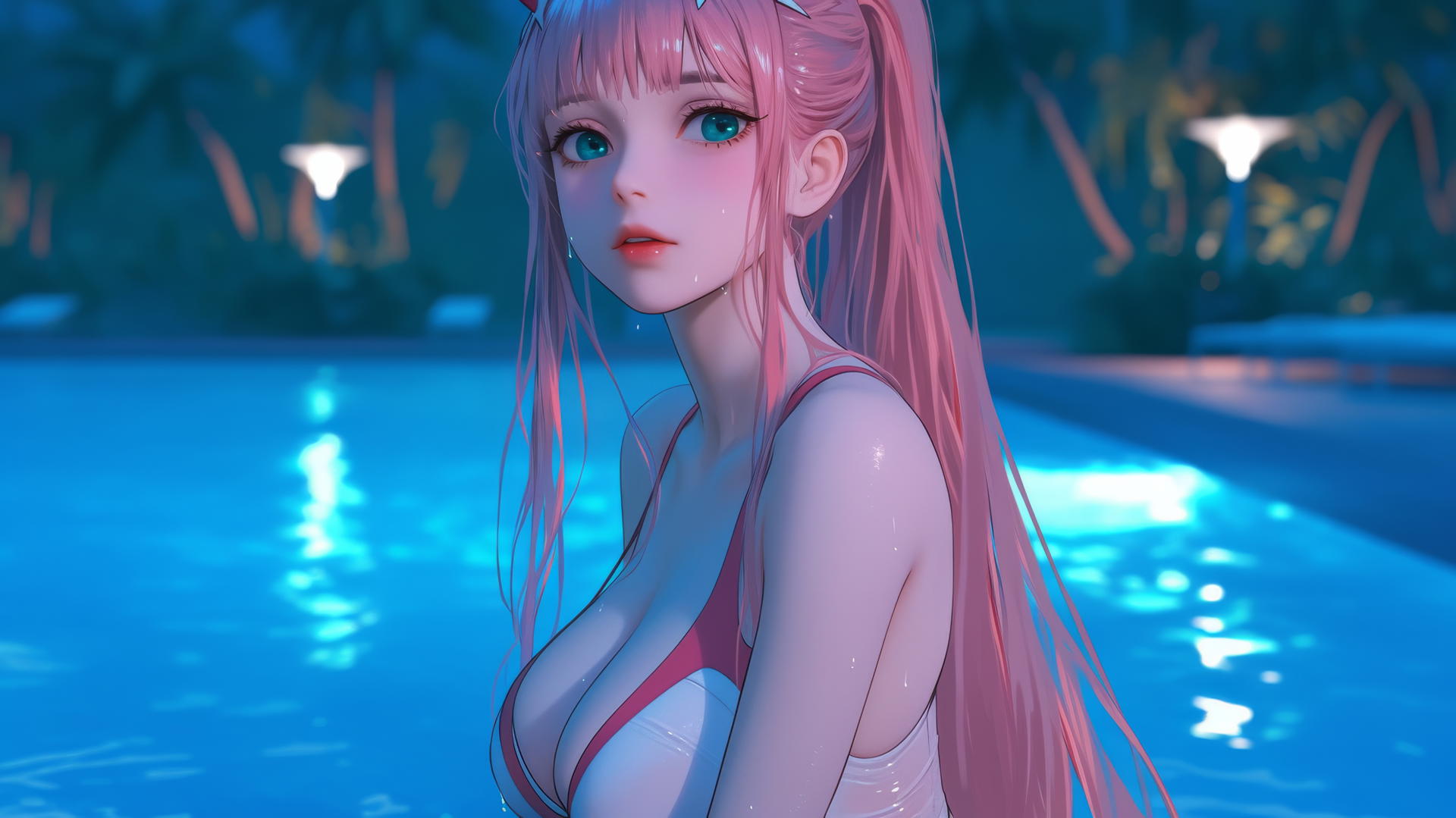 Zero Two from DARLING in the FRANXX relaxing by a rainy pool illuminated by moonlight.