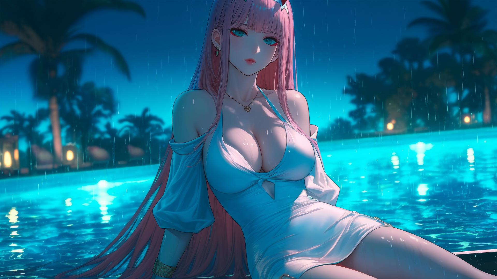 Zero Two from DARLING in the FRANXX resting by a rainy swimming pool, moonlight glow, long pink hair