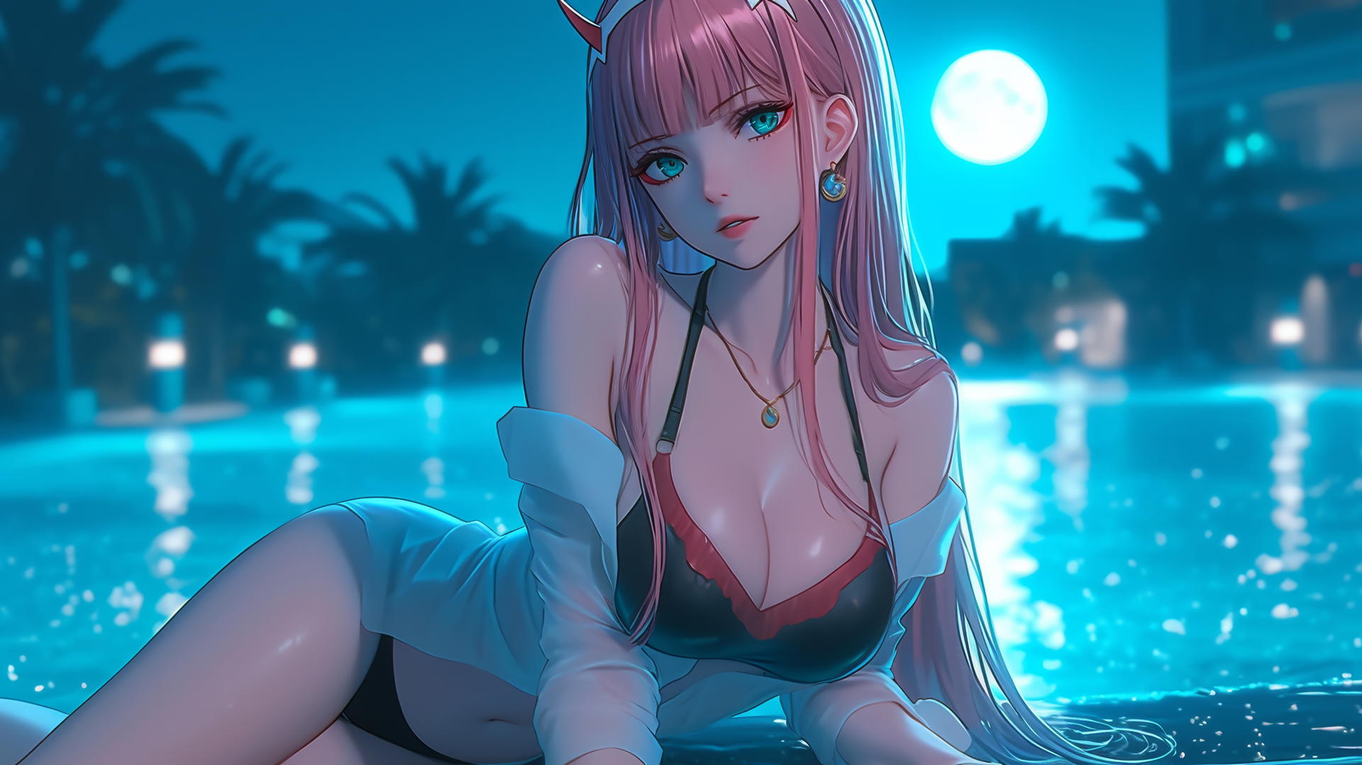 Zero Two from DARLING in the FRANXX resting by rainy pool under moonlight with long pink hair.