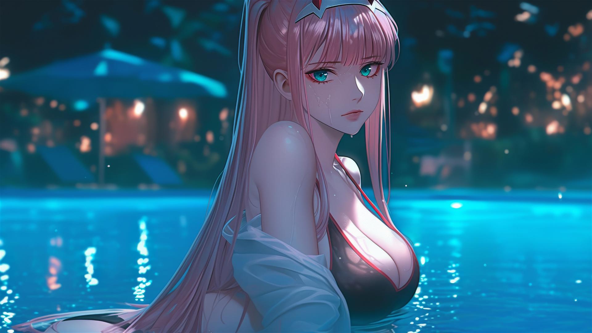 Zero Two from DARLING in the FRANXX resting by a rainy swimming pool under moonlight