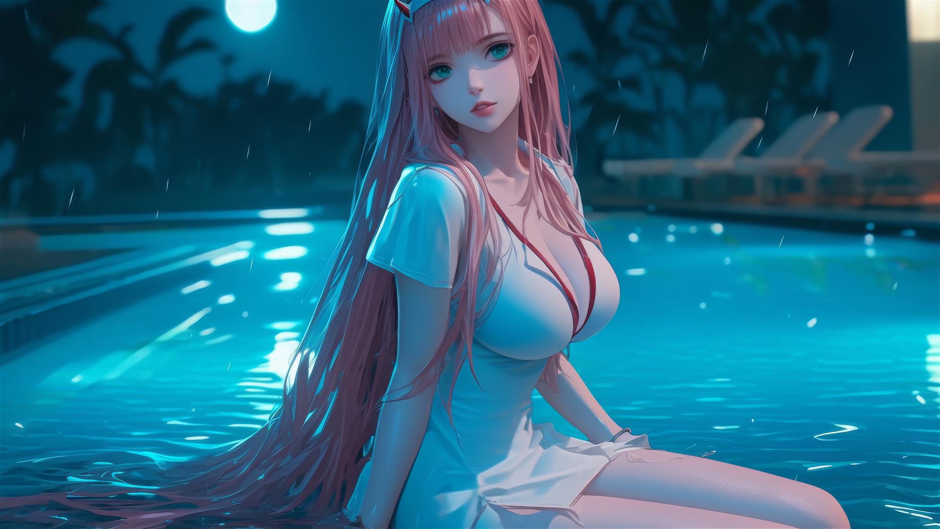 Zero Two from DARLING in the FRANXX resting by a rainy swimming pool under moonlight