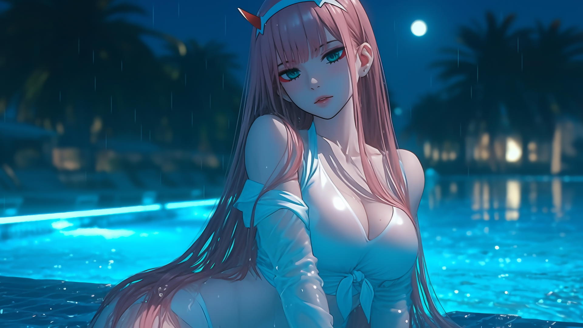 Zero Two from DARLING in the FRANXX resting by a rainy swimming pool, moonlight glow, long pink hair.