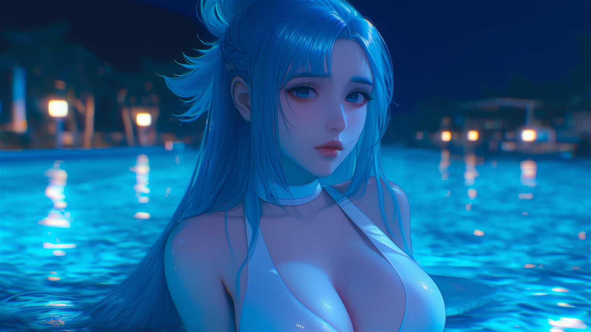 Aqua from KonoSuba relaxing by a rainy pool illuminated by moonlight.