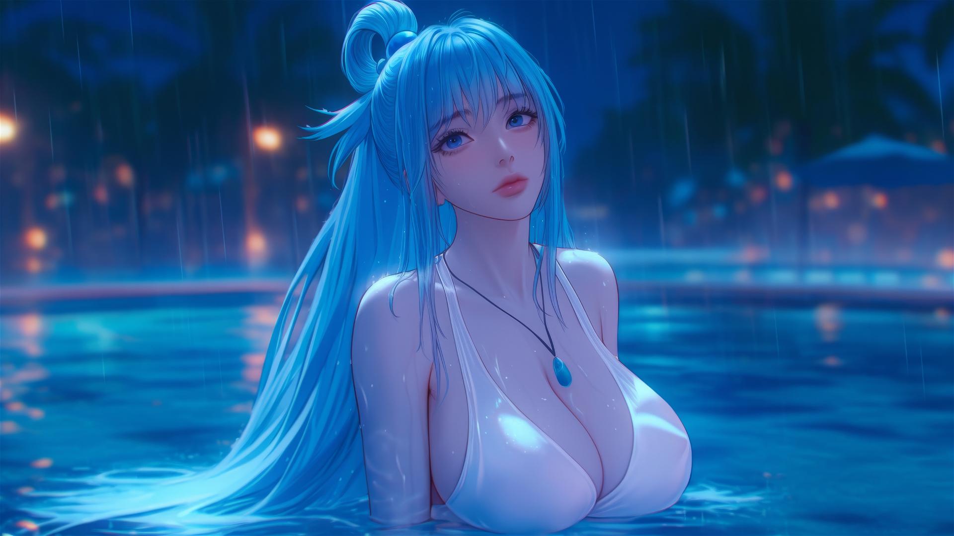 Aqua from KonoSuba resting by a rainy swimming pool under moonlight