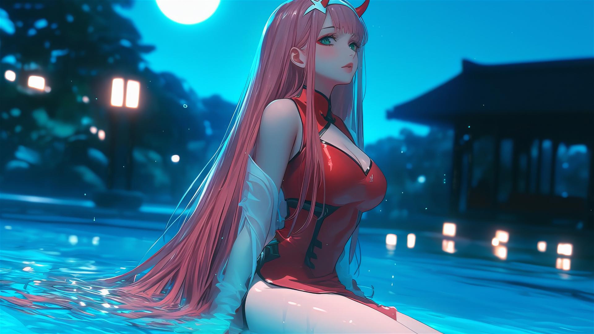 Zero Two from DARLING in the FRANXX resting by a rainy swimming pool, moonlight glow