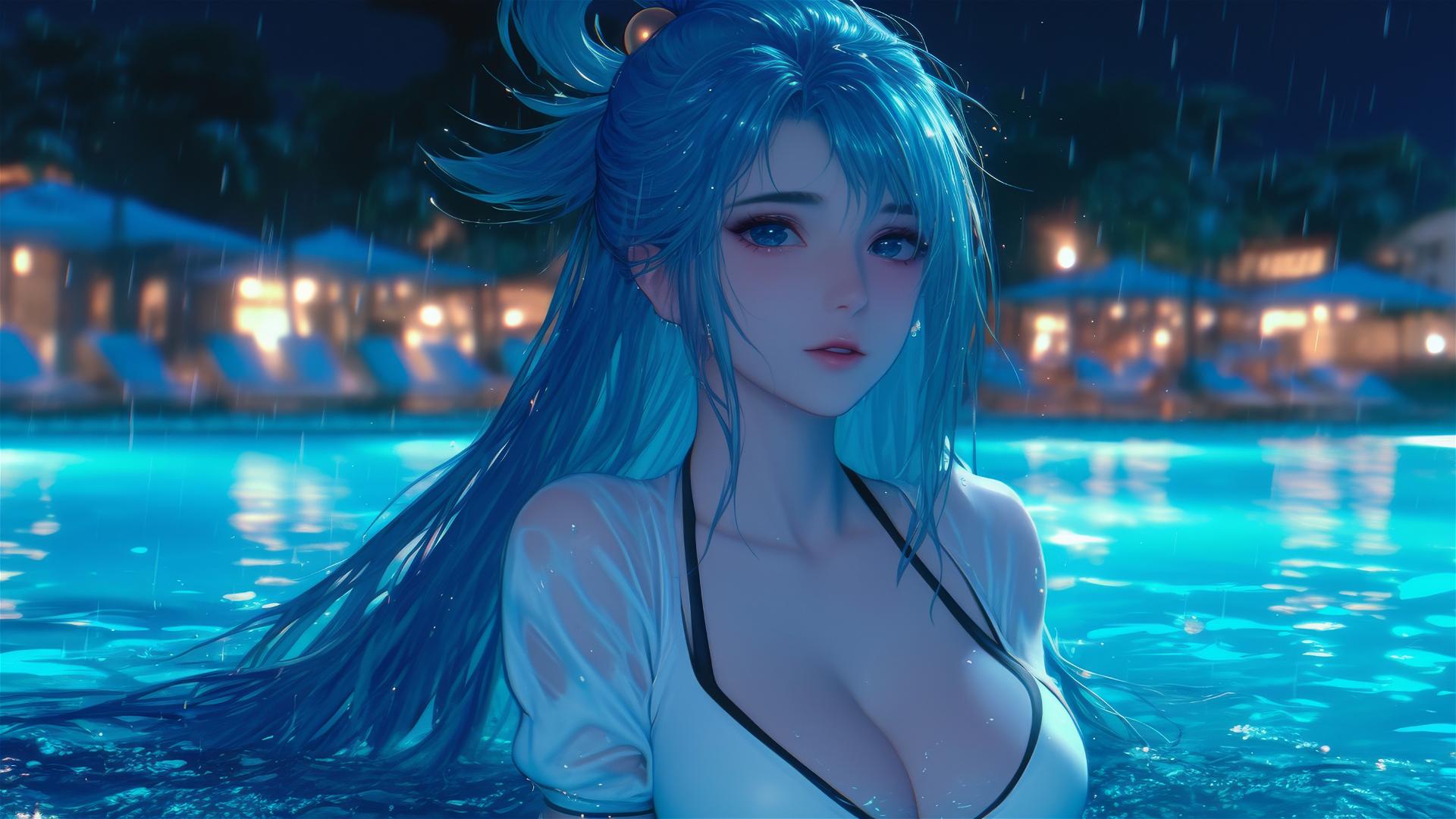Aqua from KonoSuba resting by a rainy swimming pool under moonlight.