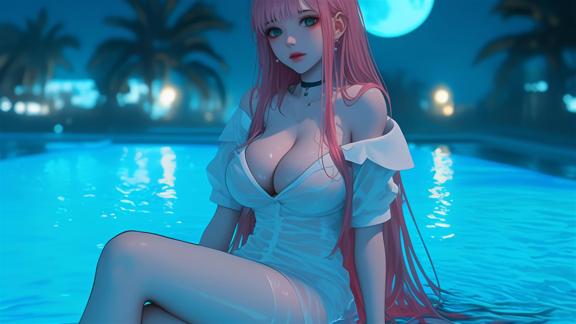 Zero Two from DARLING in the FRANXX resting by a rainy swimming pool with moonlight glow