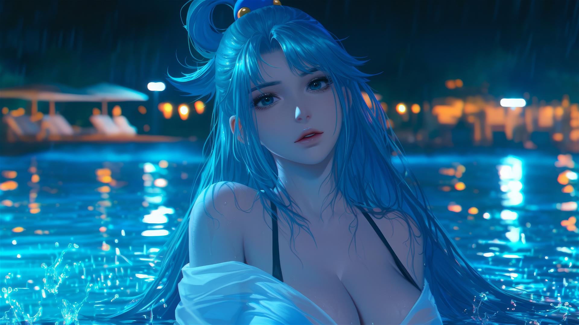 Aqua from KonoSuba resting by a rainy swimming pool, moonlight glow