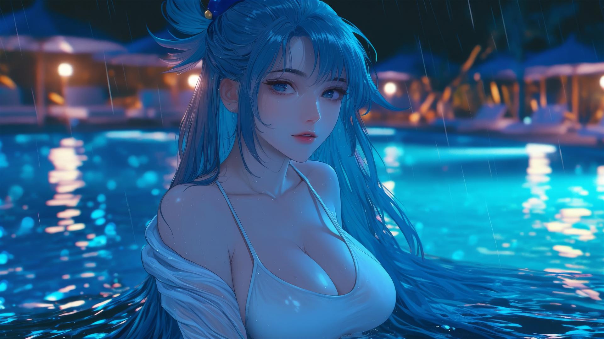 Aqua from KonoSuba resting by a rainy swimming pool under moonlight.