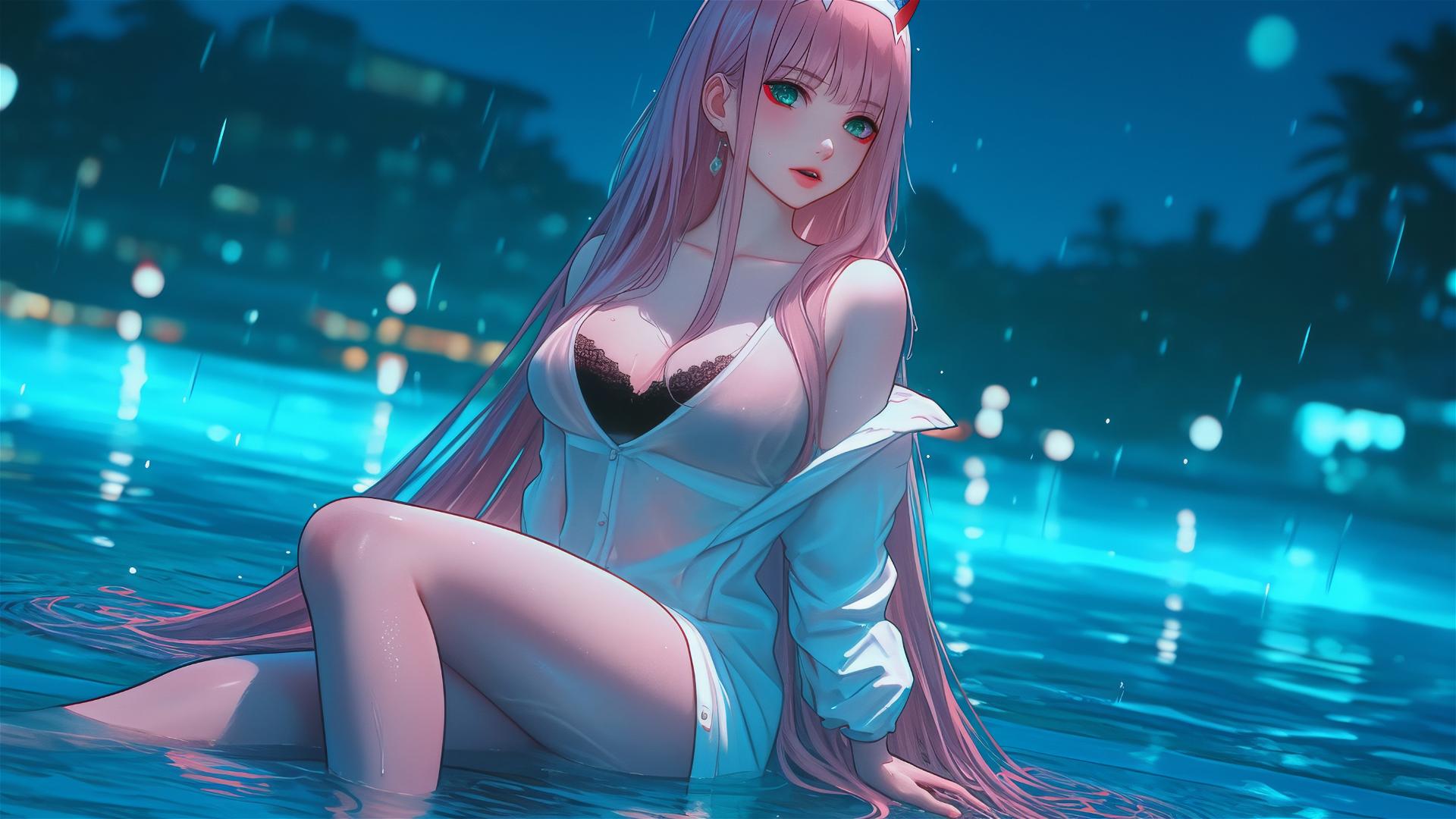 Zero Two from DARLING in the FRANXX resting by a rainy pool under moonlight