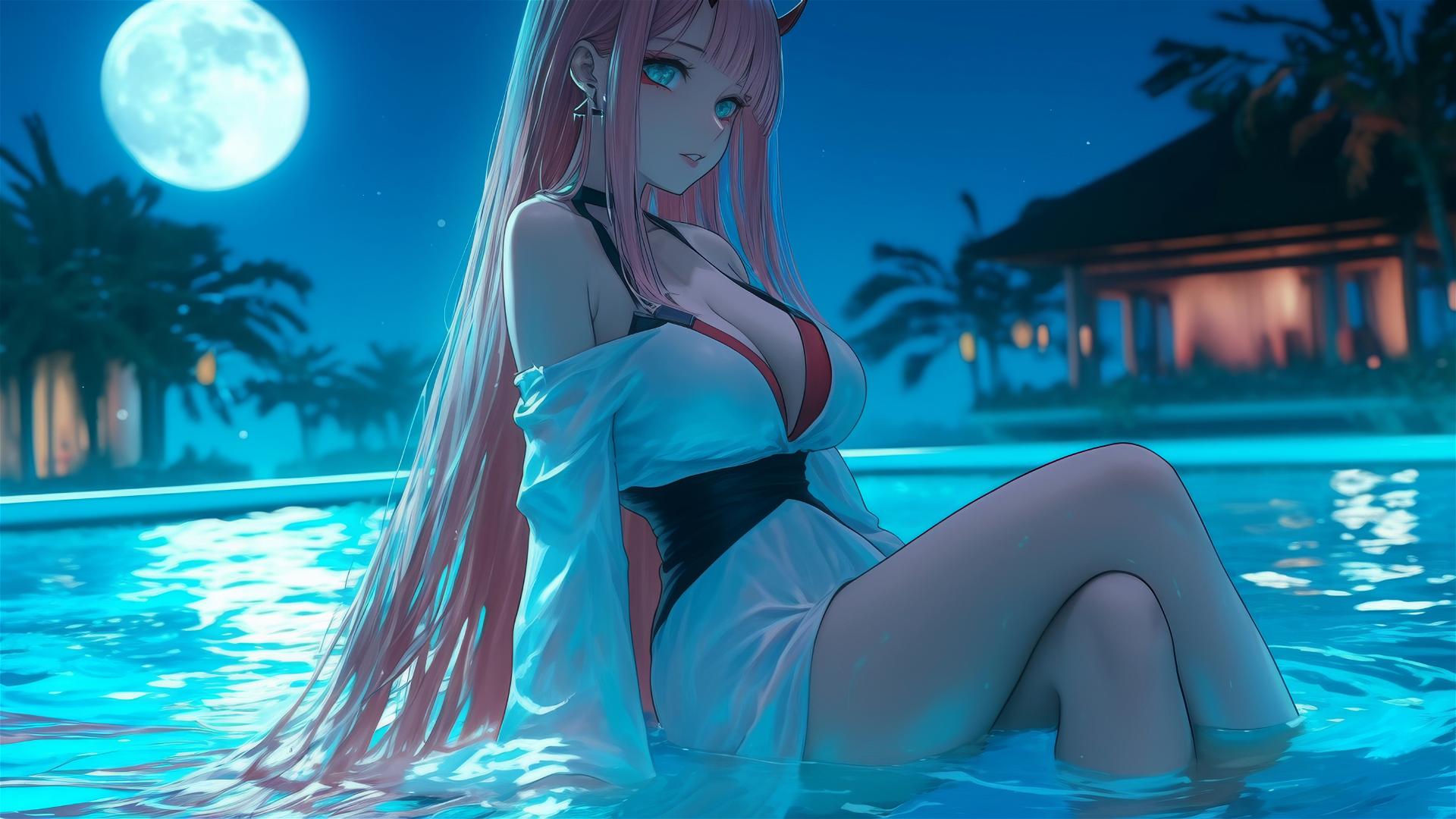 Zero Two from DARLING in the FRANXX resting by a rainy swimming pool with moonlight glow