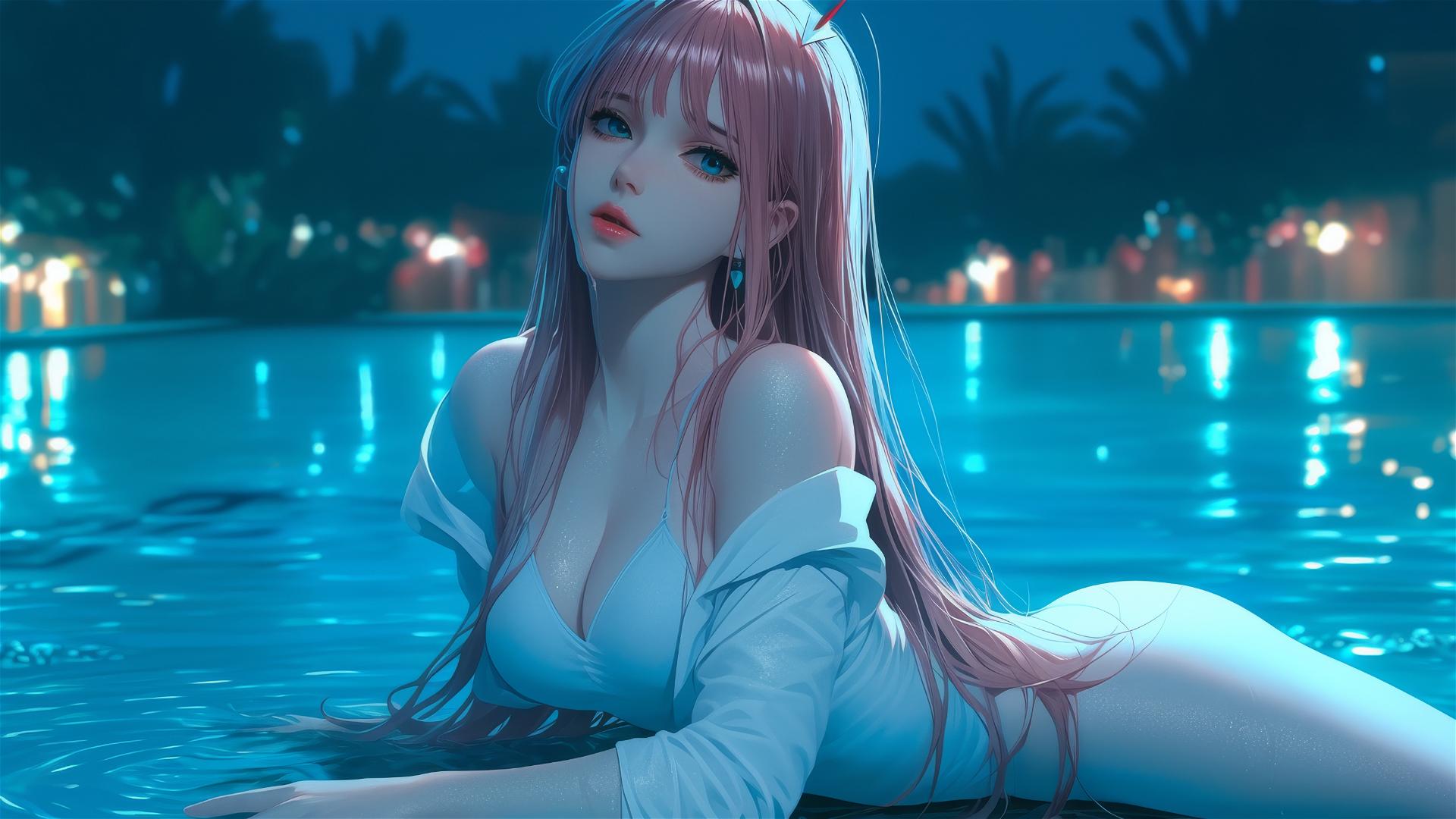 Zero Two from DARLING in the FRANXX relaxing by a rainy pool, moonlight glow.