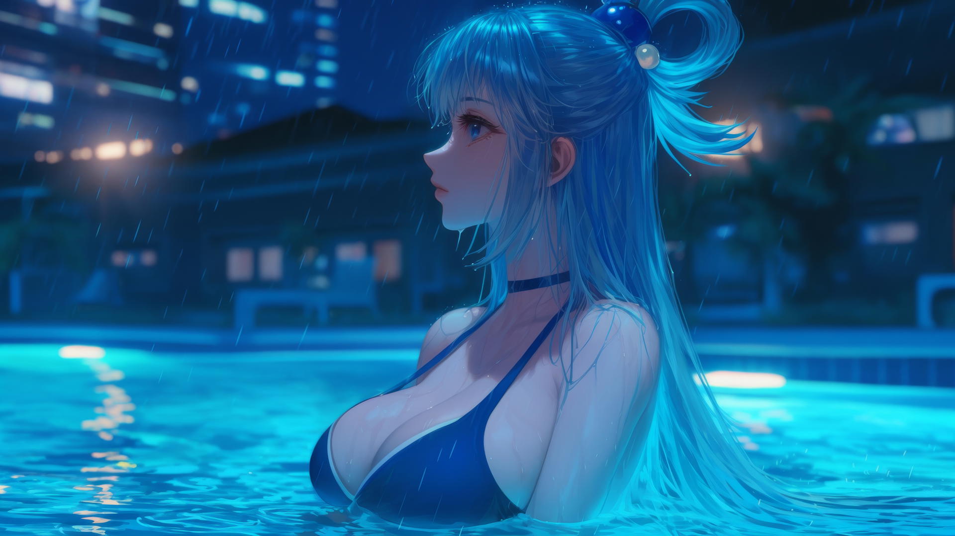 Aqua from KonoSuba resting by a rainy swimming pool with moonlight glowing on her figure.