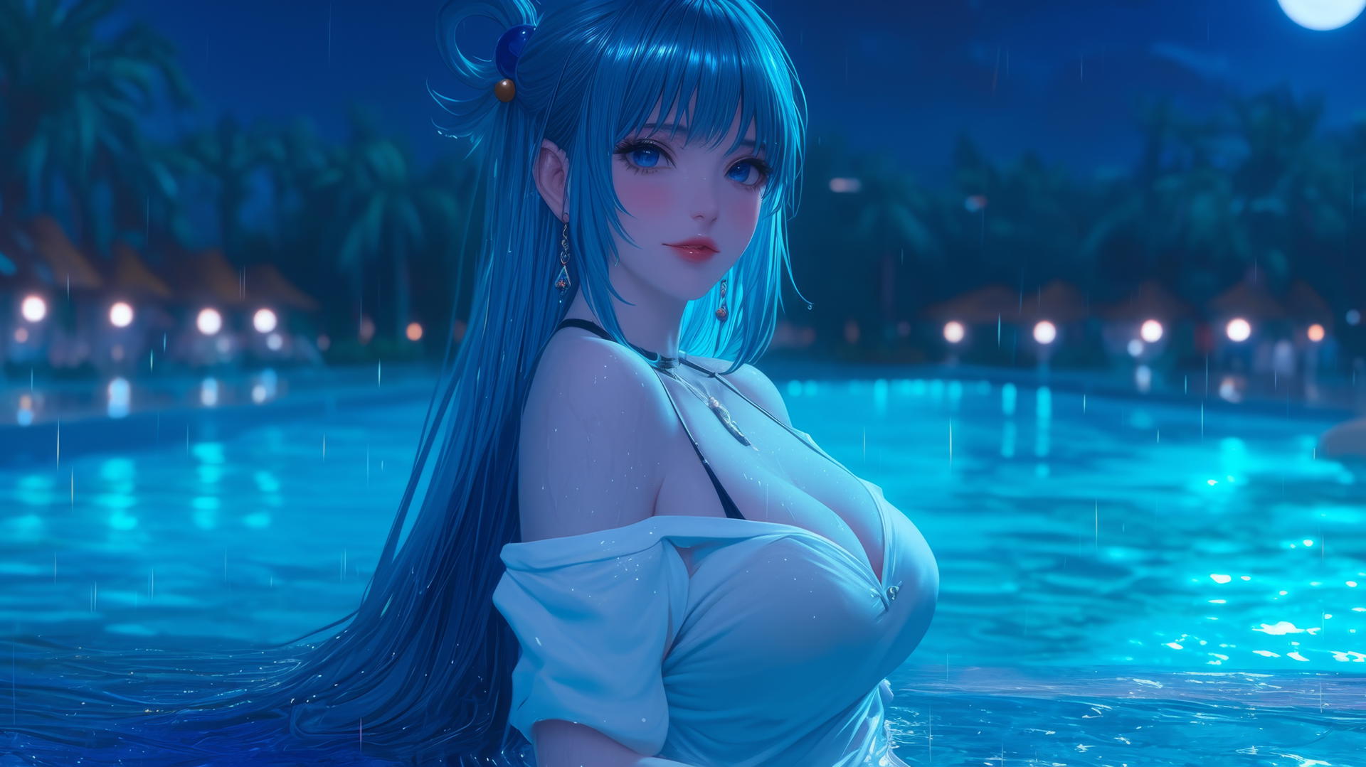 Aqua from KonoSuba resting by a rainy swimming pool in moonlight