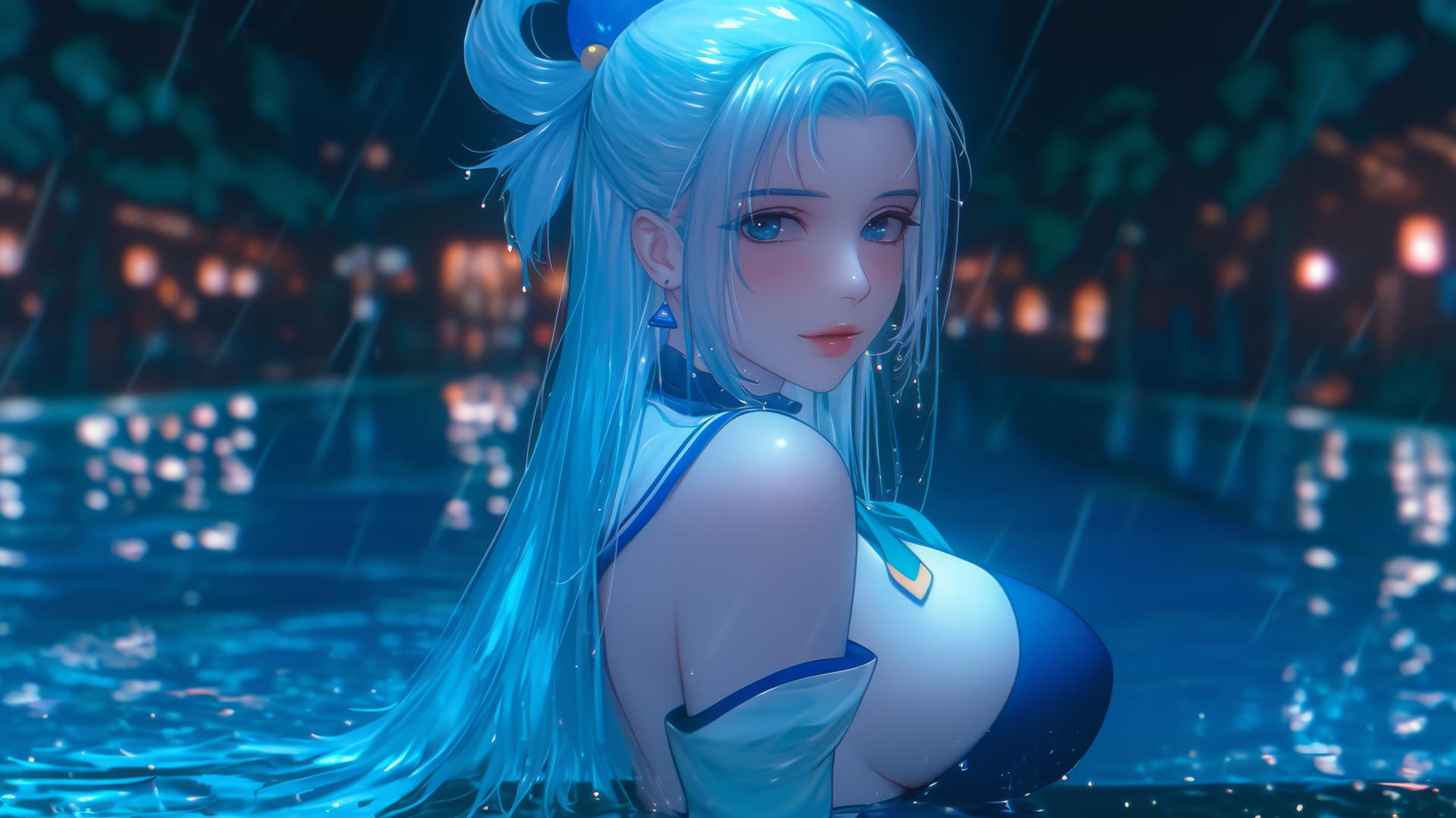 Aqua from KonoSuba resting by a rainy swimming pool under moonlight